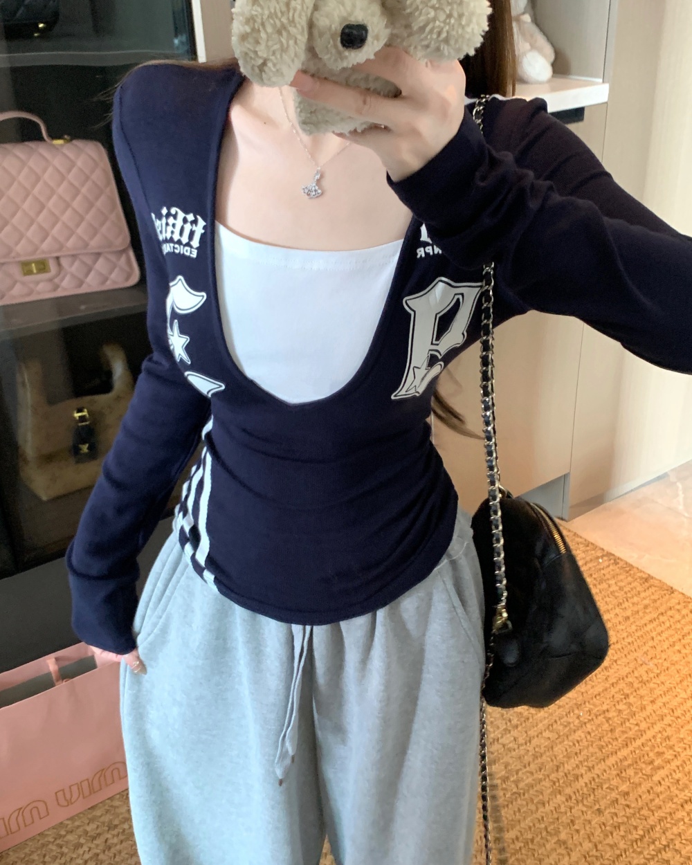 American style long sleeve splice Pseudo-two bottoming shirt