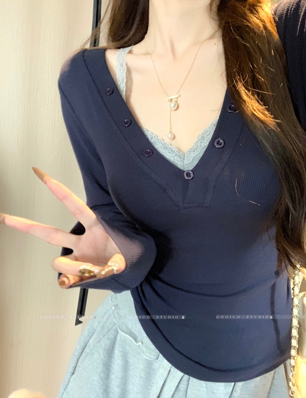 Large yard autumn lace T-shirt enticement slim splice tops