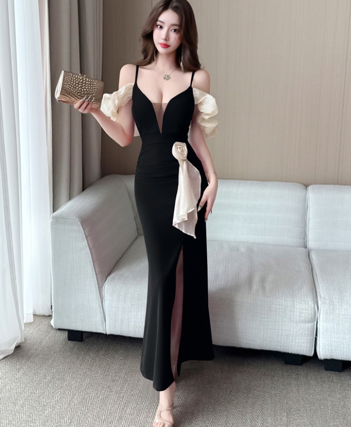 Night show sexy sling evening dress flat shoulder slim dress