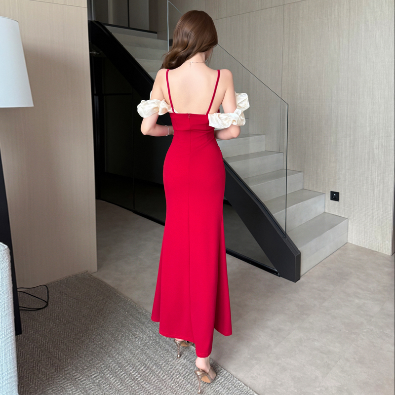 Night show sexy sling evening dress flat shoulder slim dress