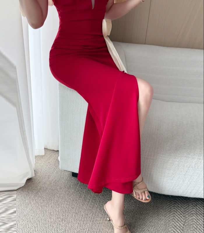 Night show sexy sling evening dress flat shoulder slim dress