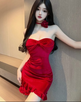 Red spicegirl collar wrapped chest velvet formal dress