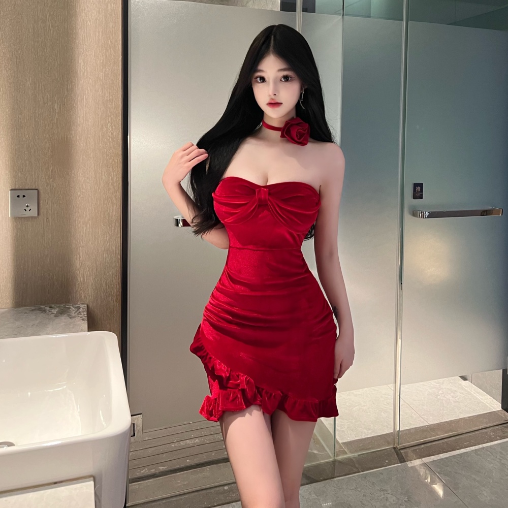 Red spicegirl collar wrapped chest velvet formal dress