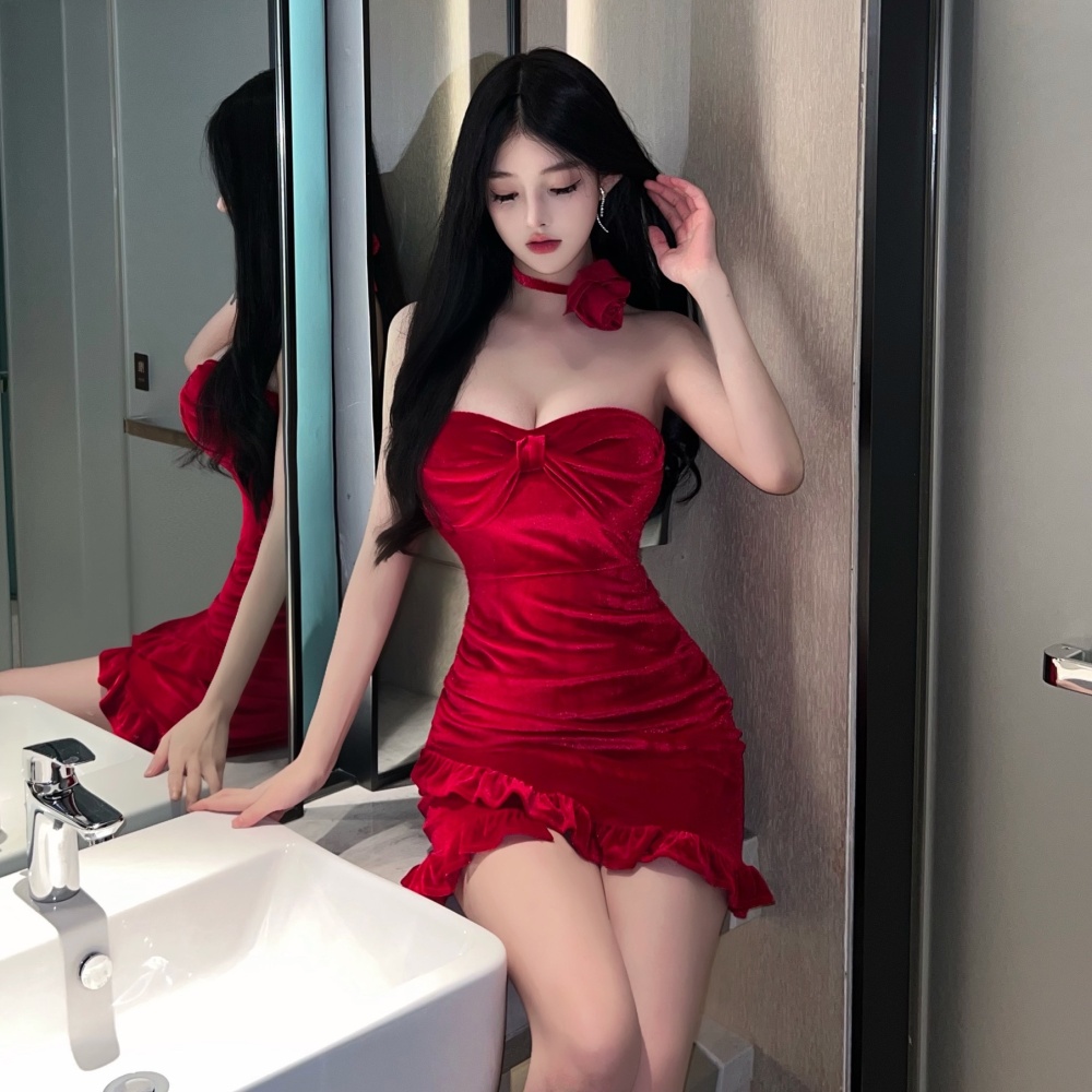 Red spicegirl collar wrapped chest velvet formal dress