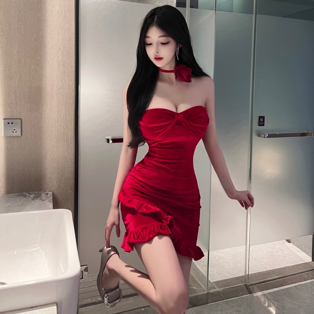 Red spicegirl collar wrapped chest velvet formal dress