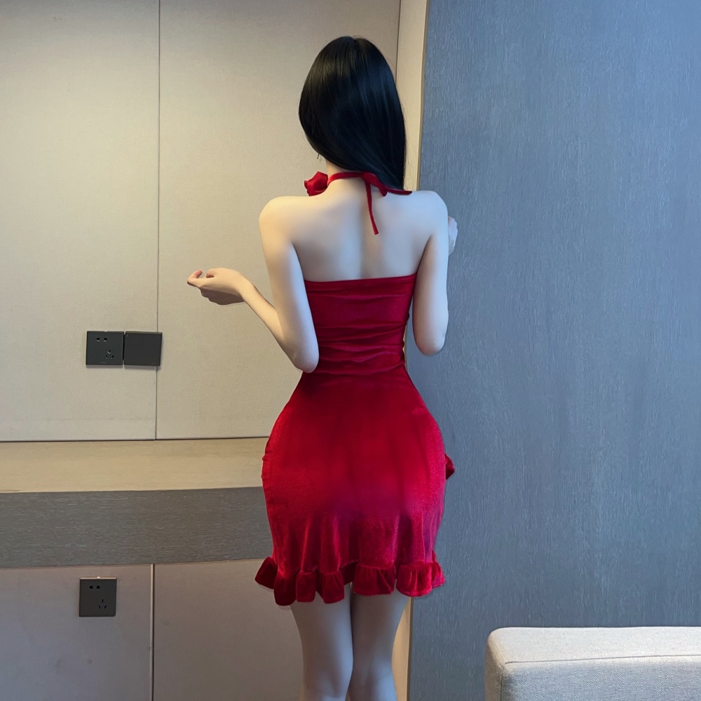 Red spicegirl collar wrapped chest velvet formal dress