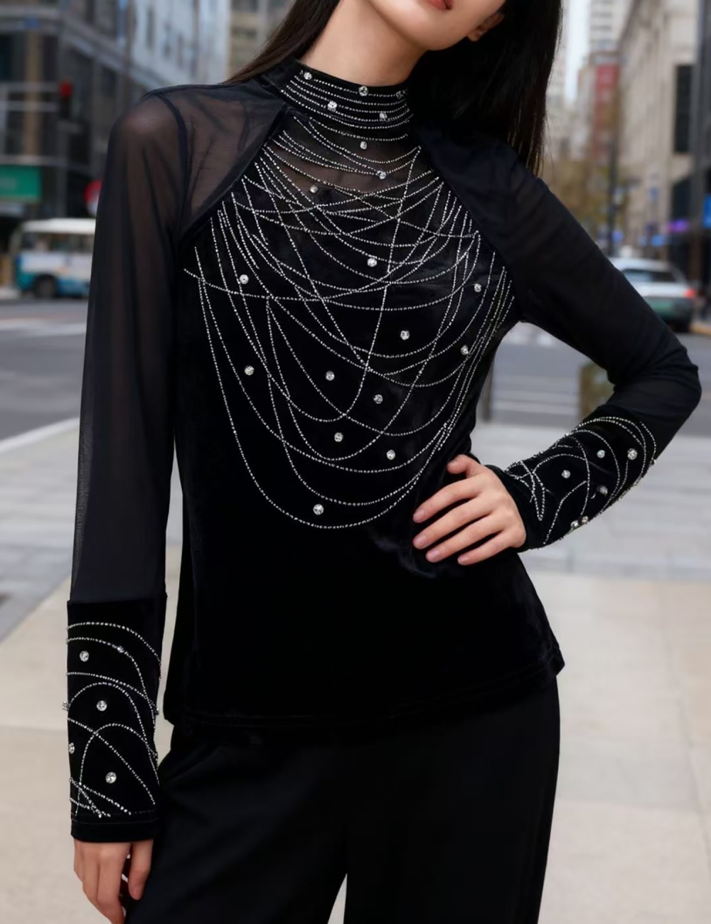 Fashion rhinestone hollow small shirt for women