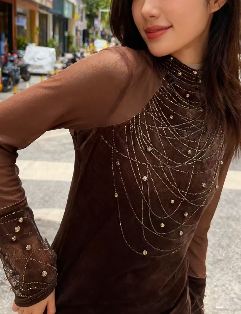 Fashion rhinestone hollow small shirt for women