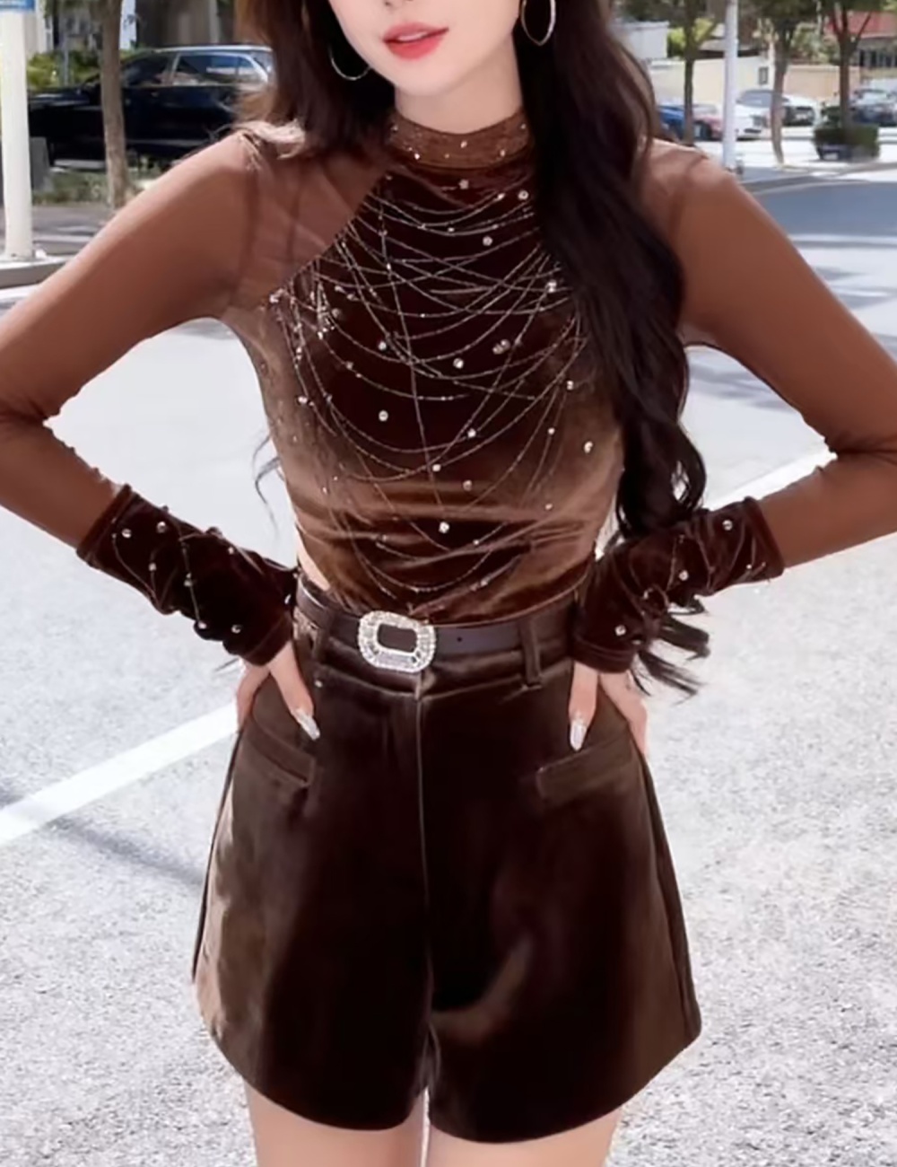 Fashion rhinestone hollow small shirt for women