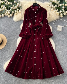 Bandage big skirt velvet lantern sleeve France style dress