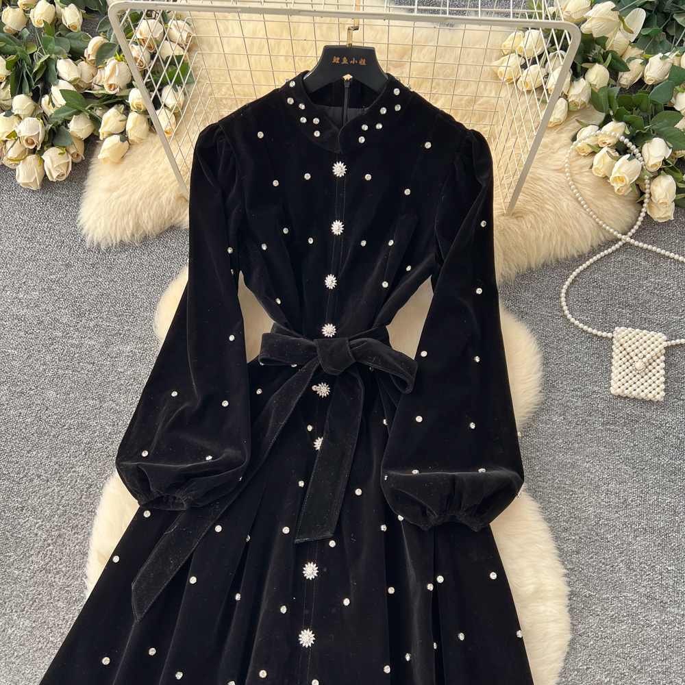 Bandage big skirt velvet lantern sleeve France style dress