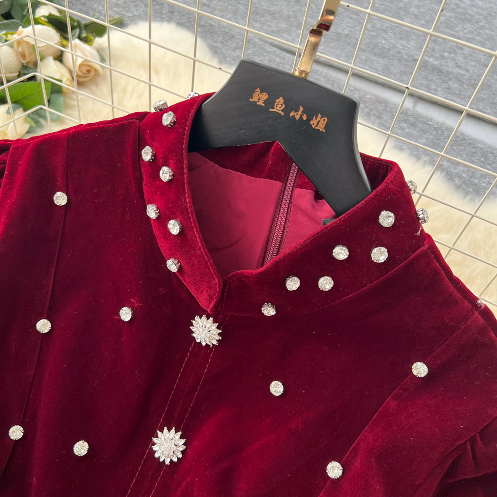 Bandage big skirt velvet lantern sleeve France style dress