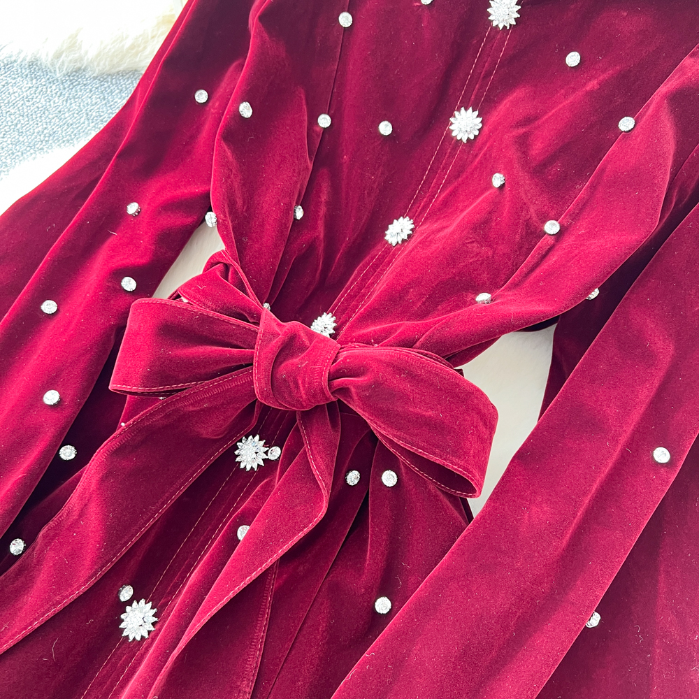 Bandage big skirt velvet lantern sleeve France style dress