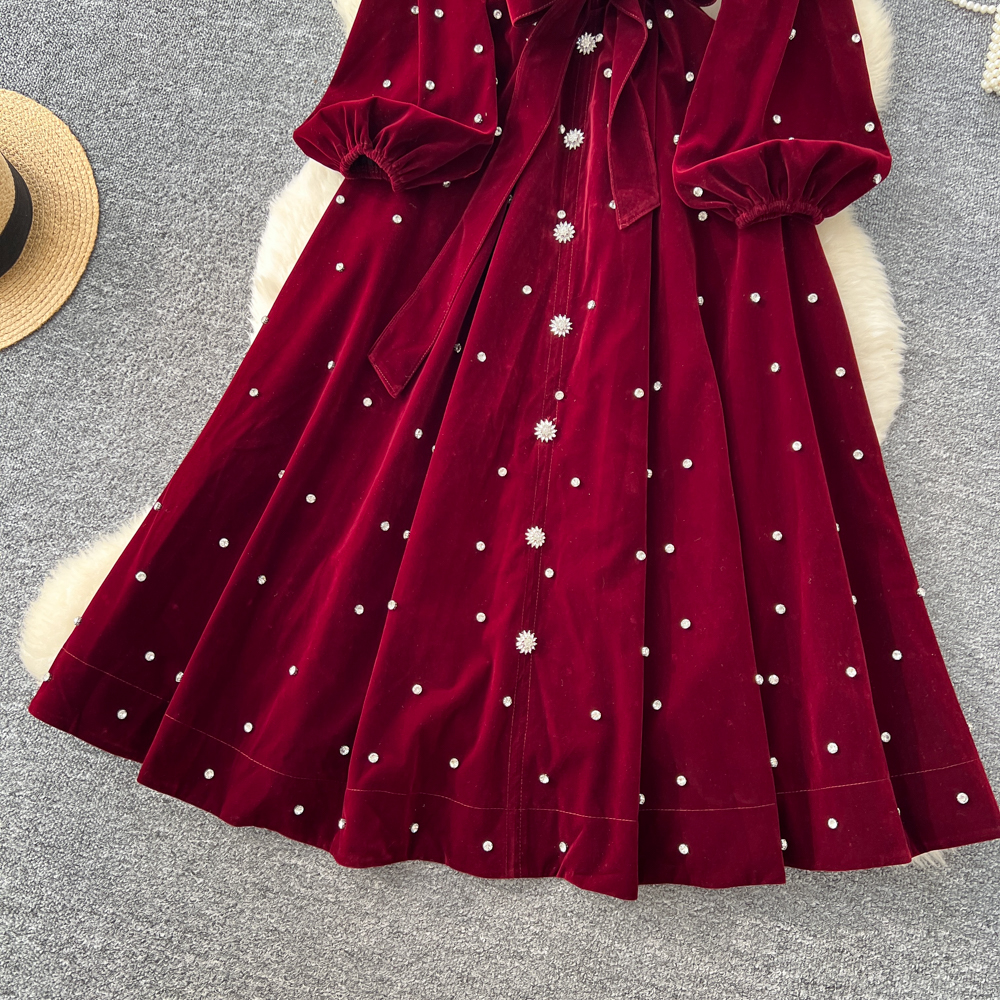 Bandage big skirt velvet lantern sleeve France style dress