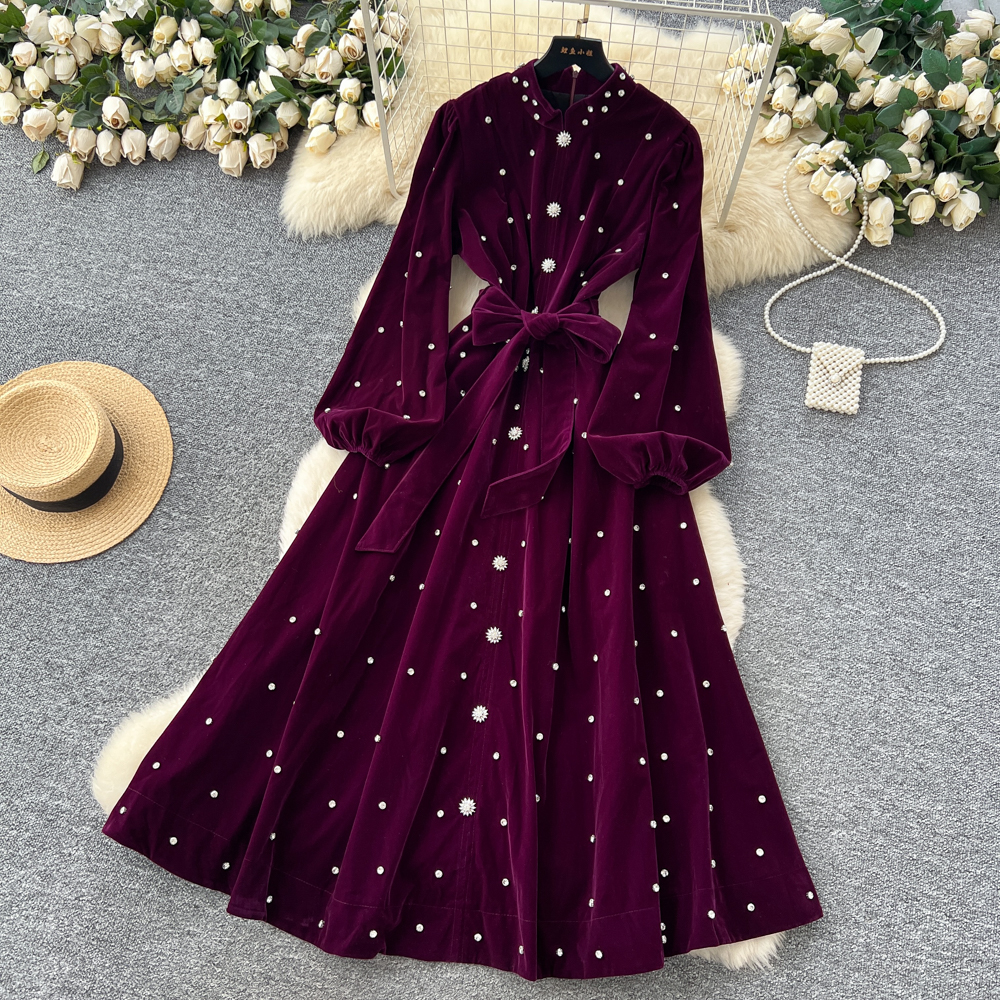Bandage big skirt velvet lantern sleeve France style dress