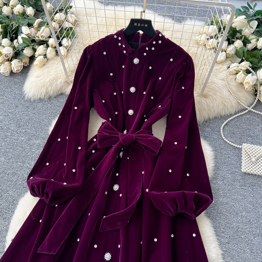 Bandage big skirt velvet lantern sleeve France style dress