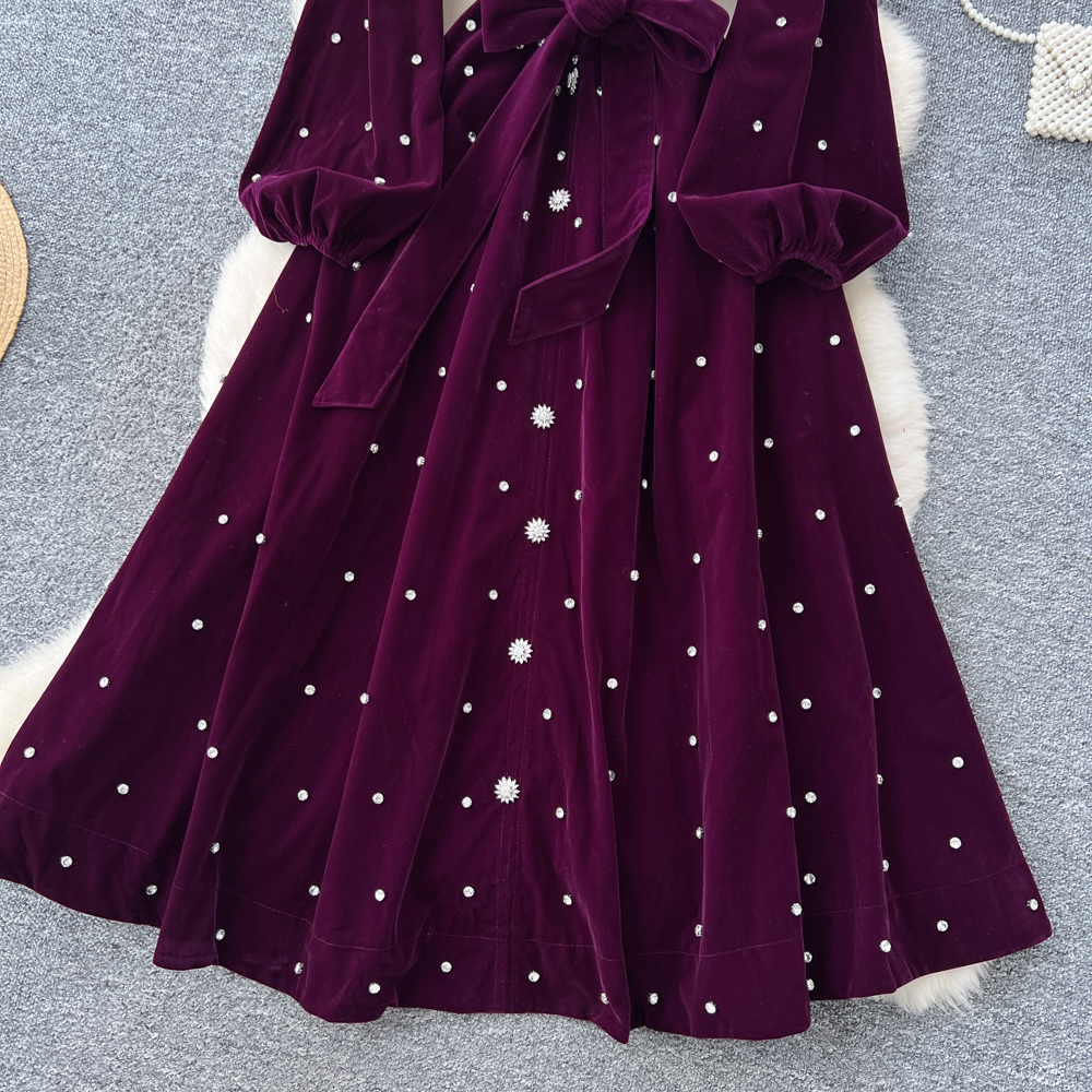 Bandage big skirt velvet lantern sleeve France style dress