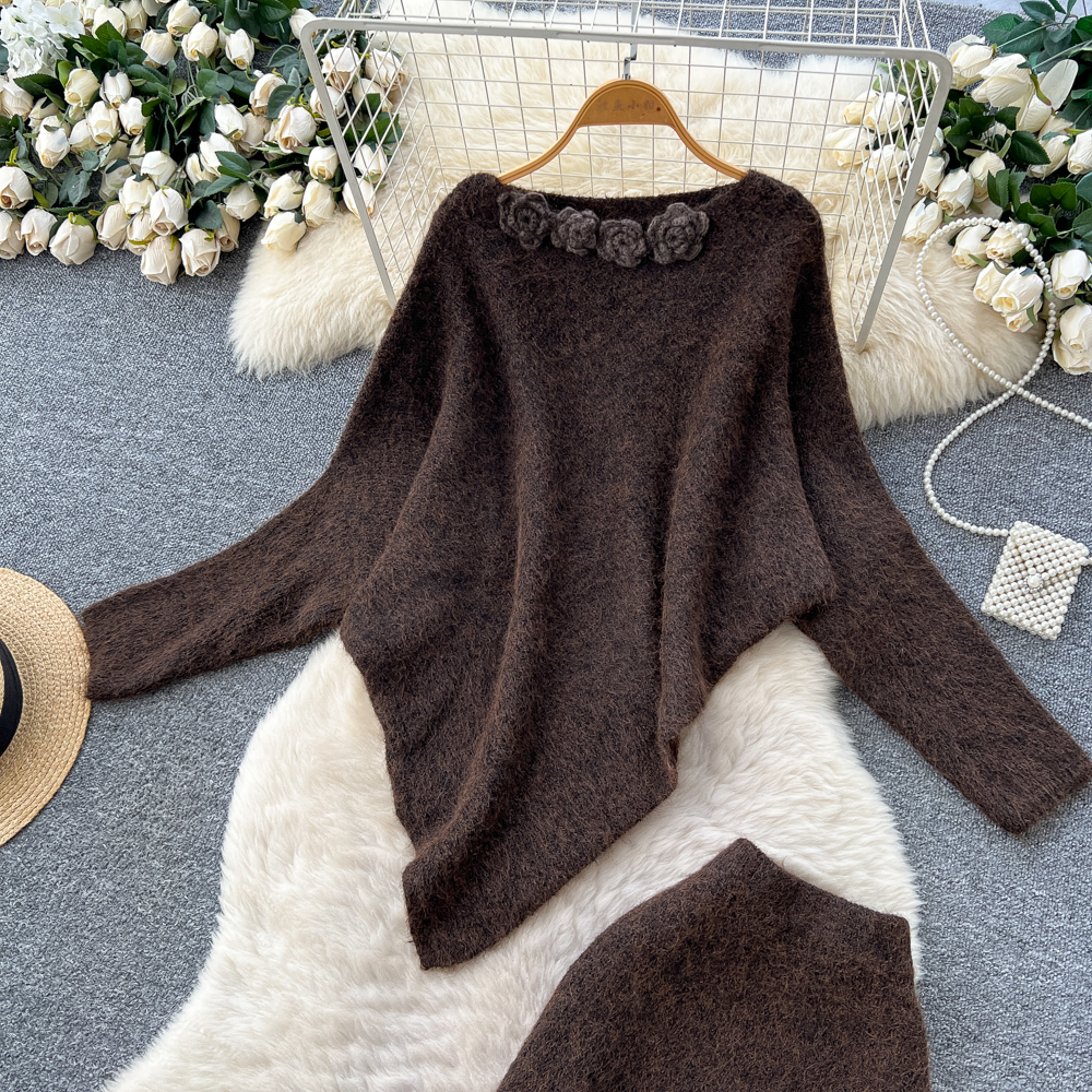 Tender flowers sweater autumn and winter skirt a set for women