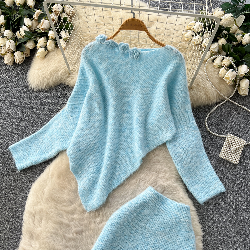 Tender flowers sweater autumn and winter skirt a set for women