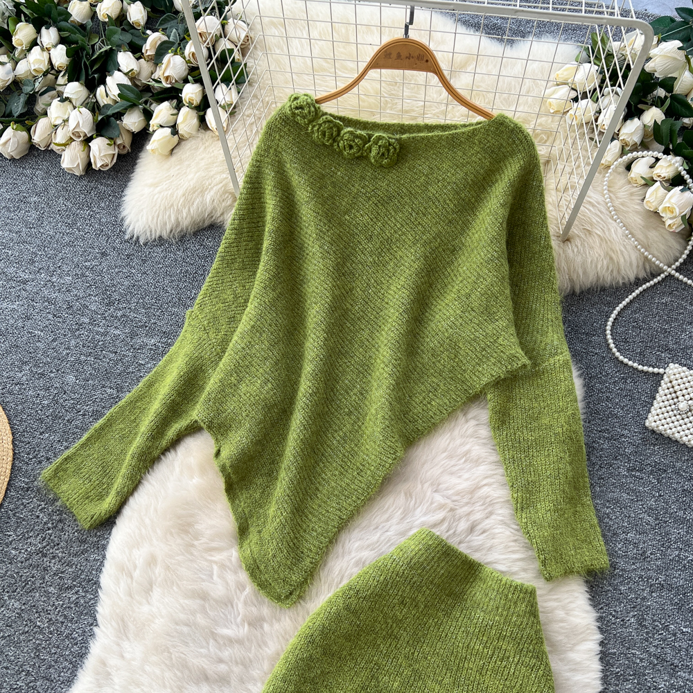 Tender flowers sweater autumn and winter skirt a set for women