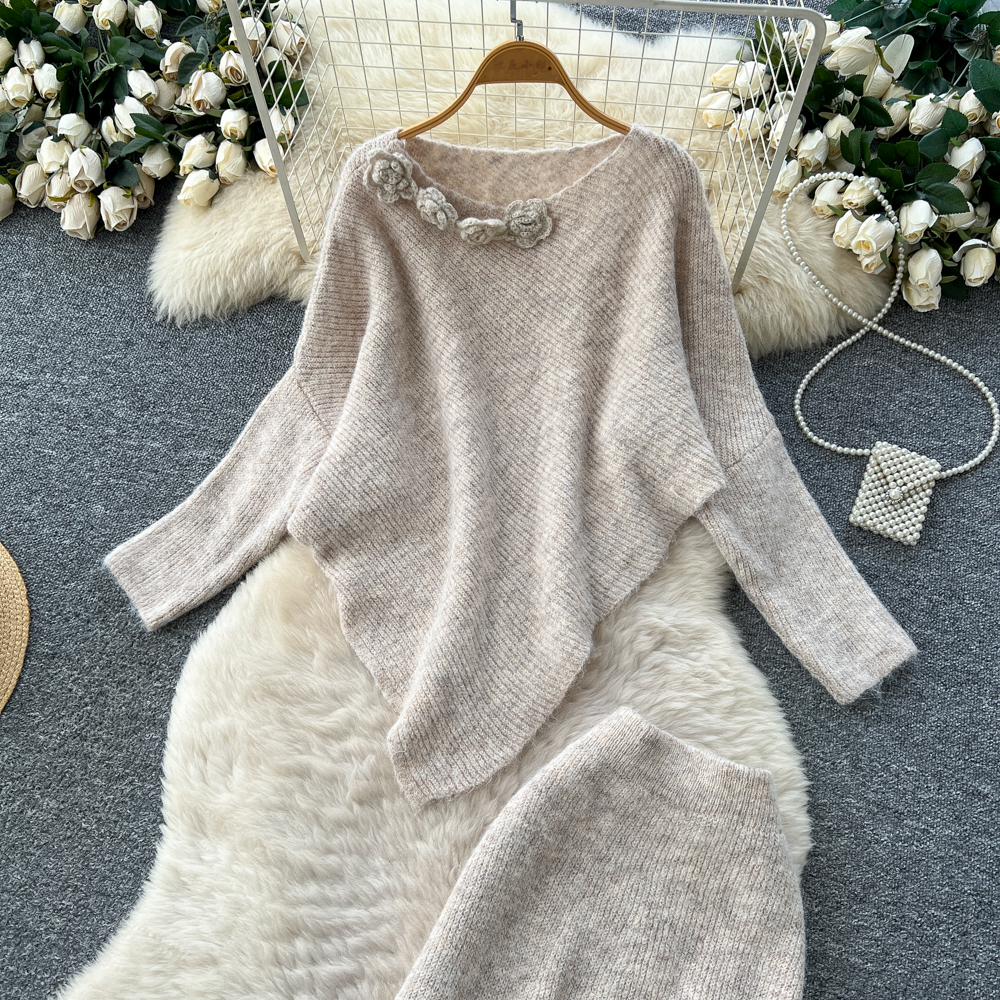 Tender flowers sweater autumn and winter skirt a set for women