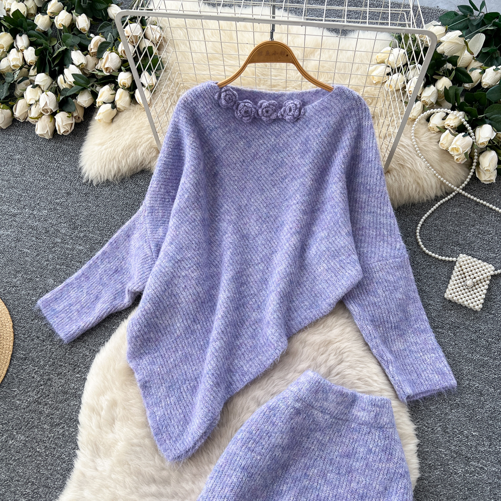 Tender flowers sweater autumn and winter skirt a set for women