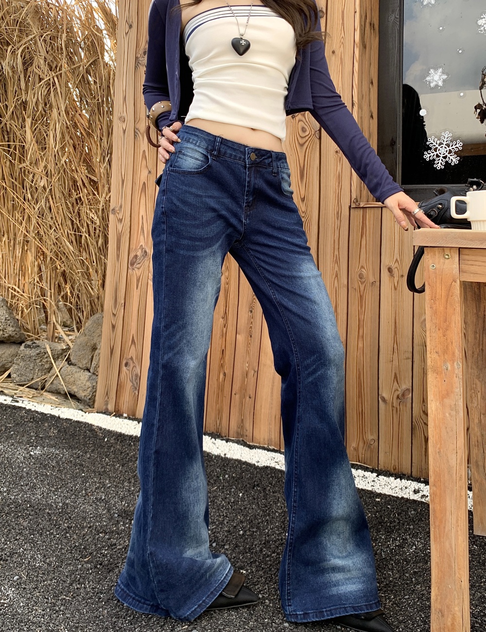 Straight micro speaker jeans medium waist long pants