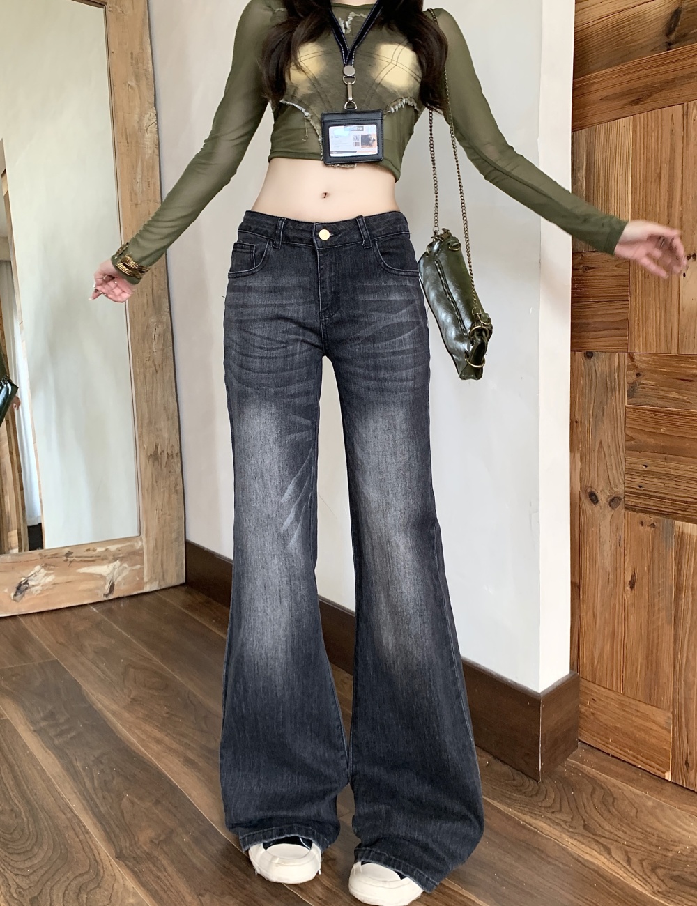 Black-gray straight jeans autumn flare pants for women