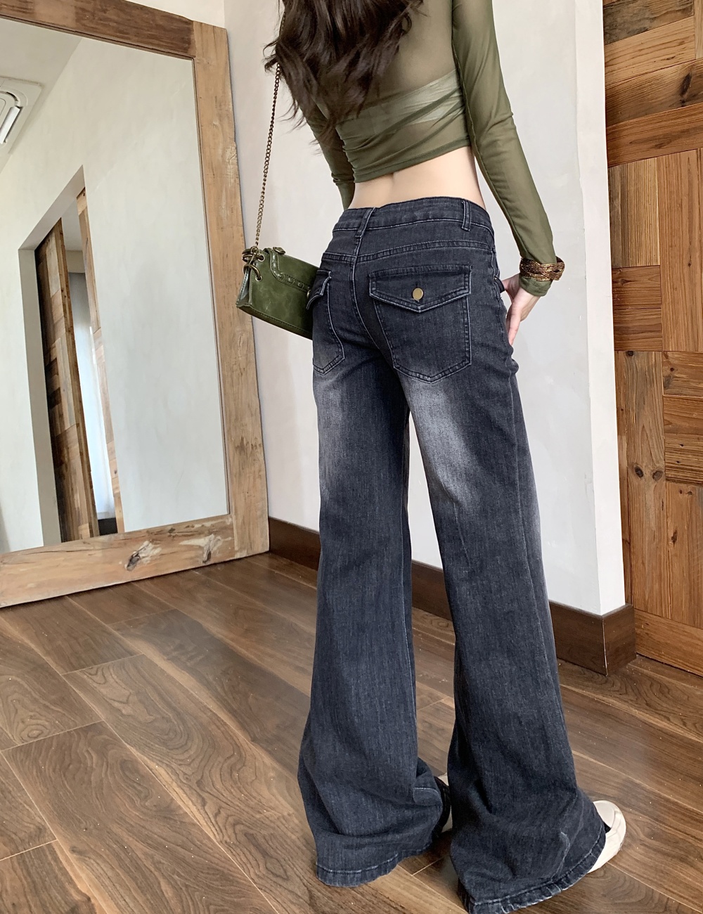 Black-gray straight jeans autumn flare pants for women