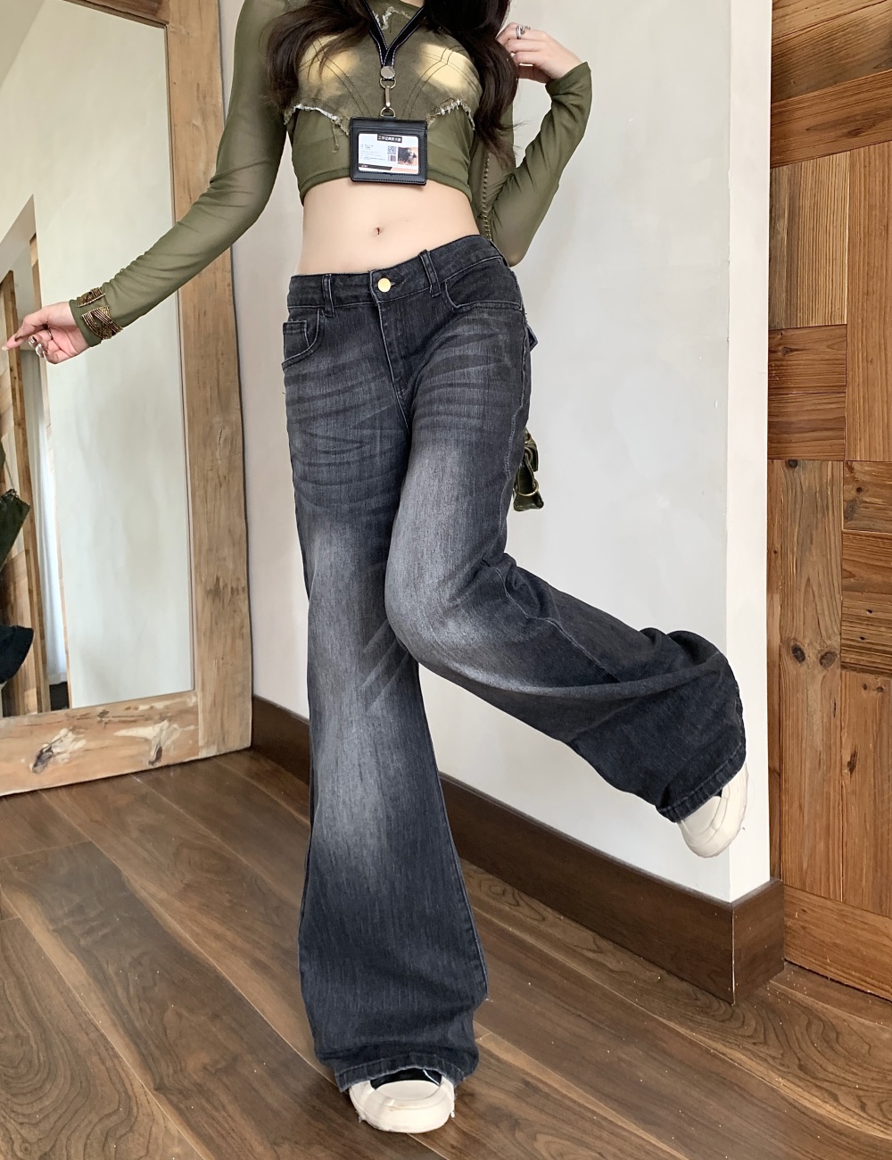 Black-gray straight jeans autumn flare pants for women
