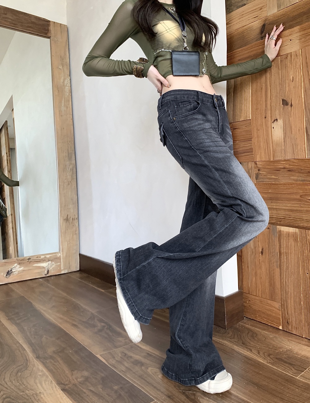Black-gray straight jeans autumn flare pants for women