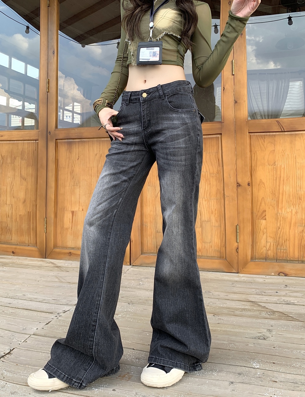 Black-gray straight jeans autumn flare pants for women