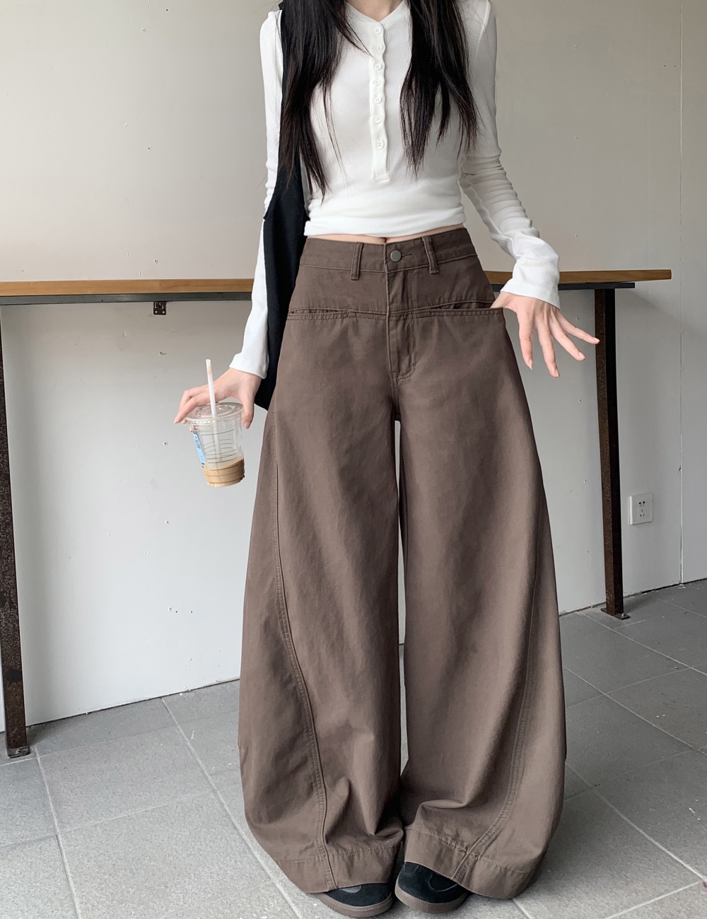 Washed retro pants mopping wide leg jeans for women