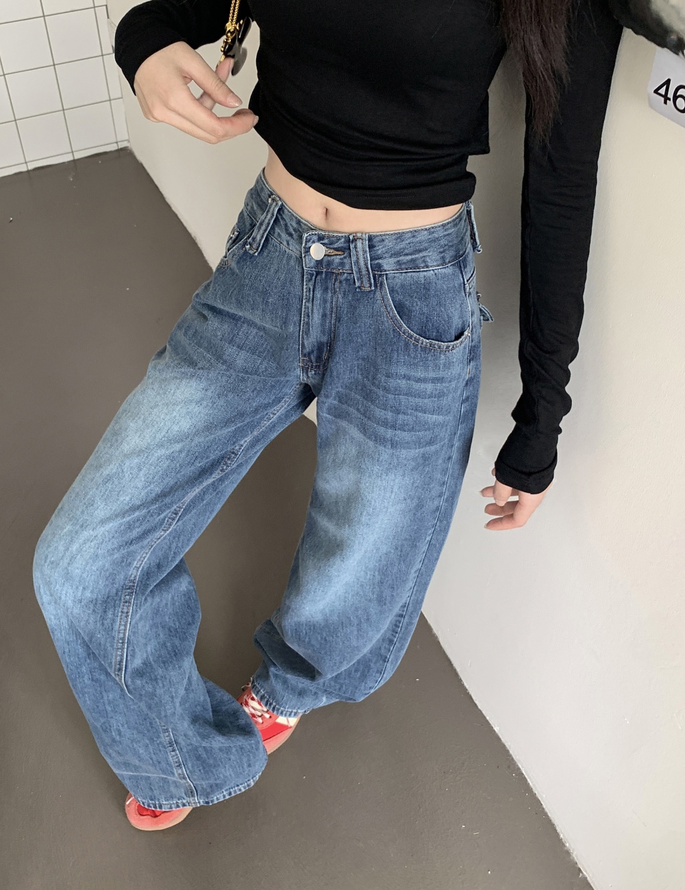 Mopping retro pants loose straight jeans for women