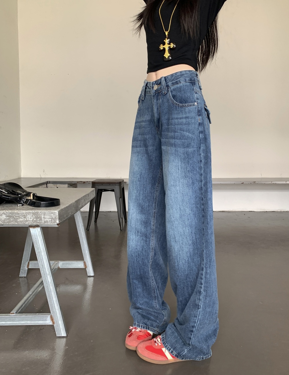 Mopping retro pants loose straight jeans for women