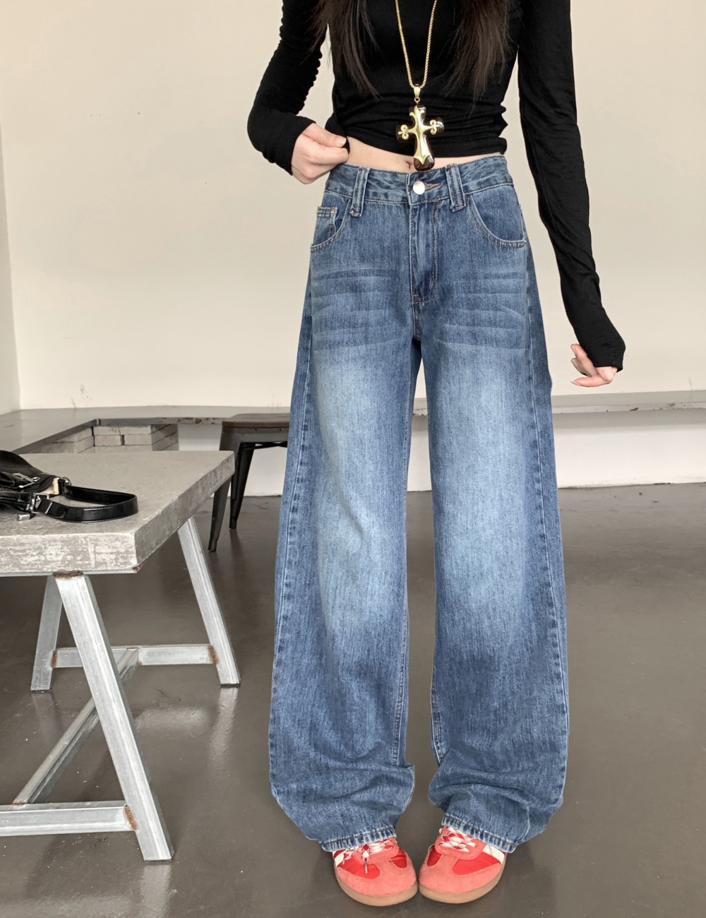 Mopping retro pants loose straight jeans for women