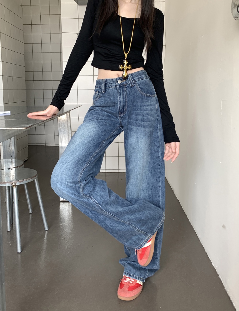 Mopping retro pants loose straight jeans for women