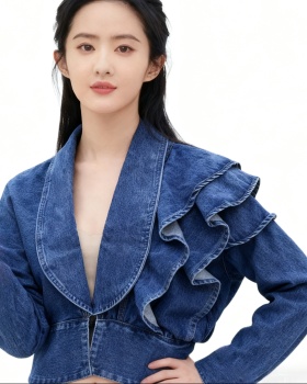 Denim Korean style V-neck tops slim grace fashion coat