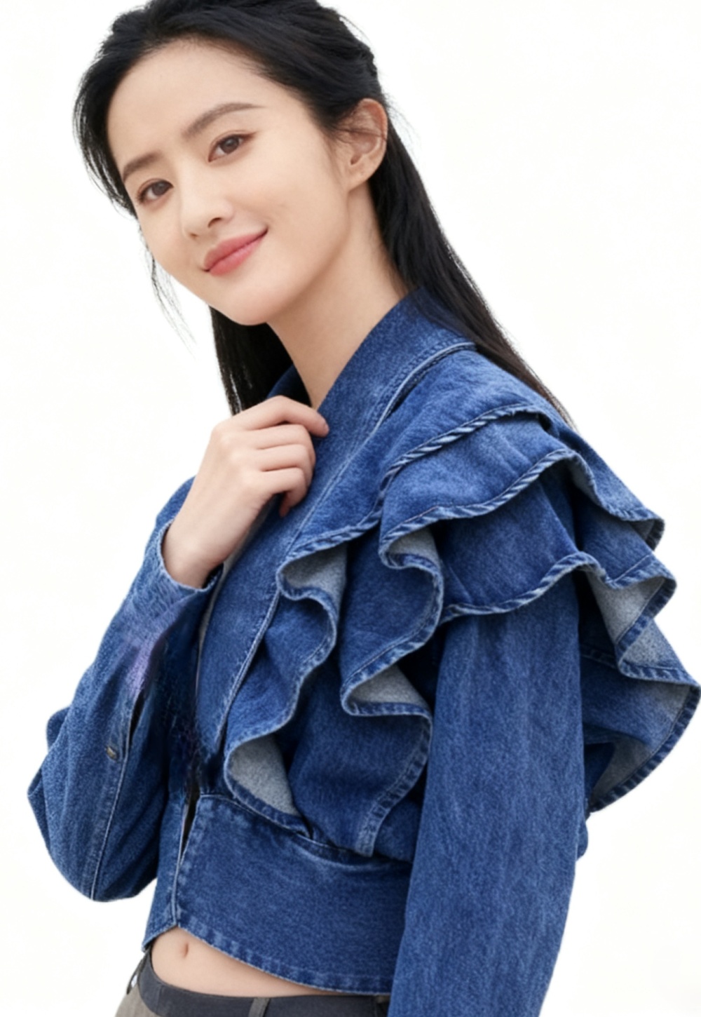 Denim Korean style V-neck tops slim grace fashion coat
