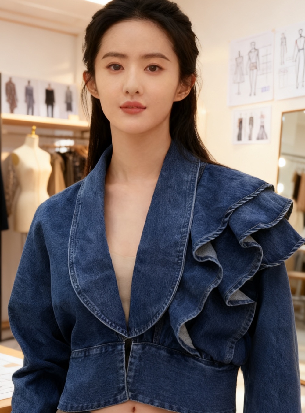 Denim Korean style V-neck tops slim grace fashion coat