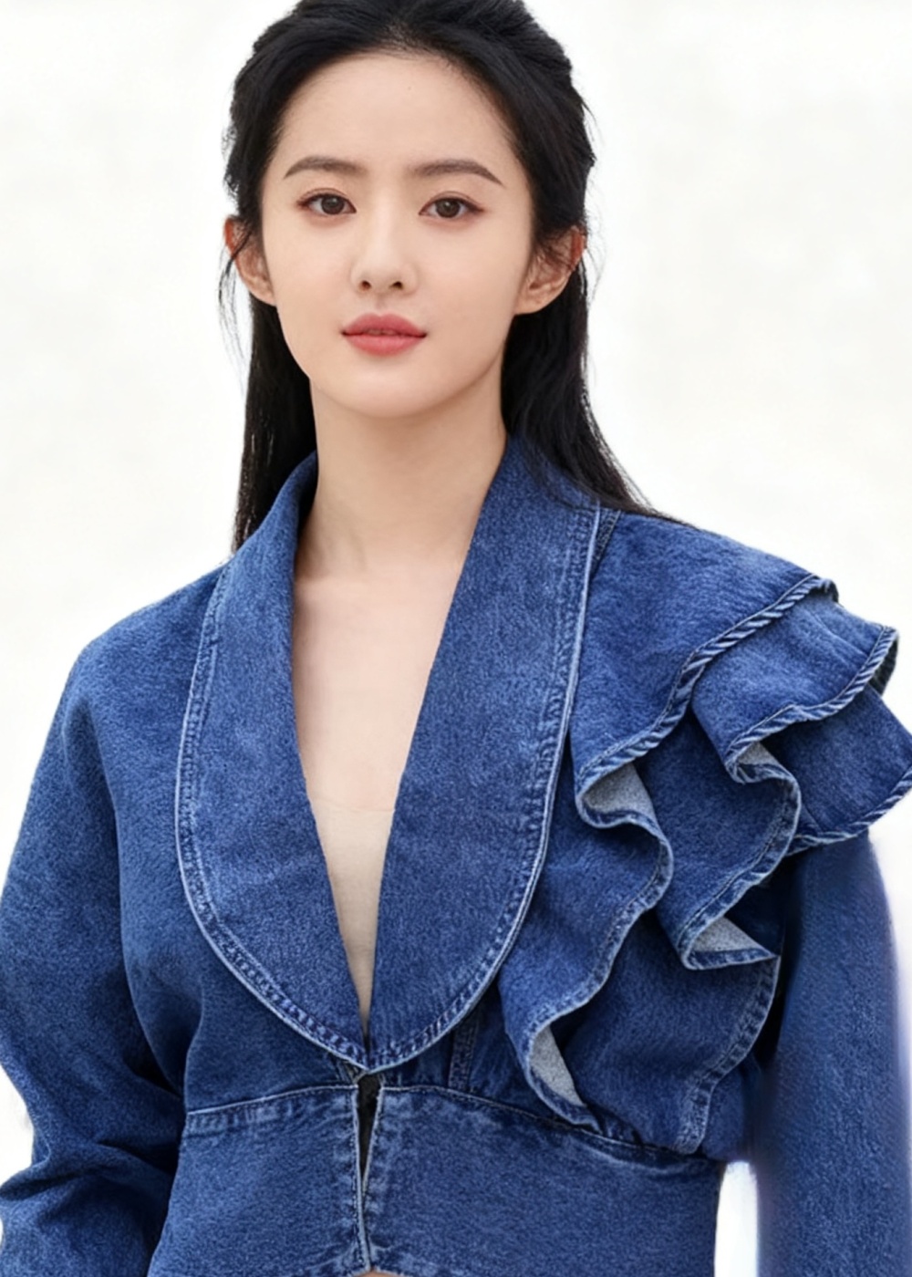 Denim Korean style V-neck tops slim grace fashion coat