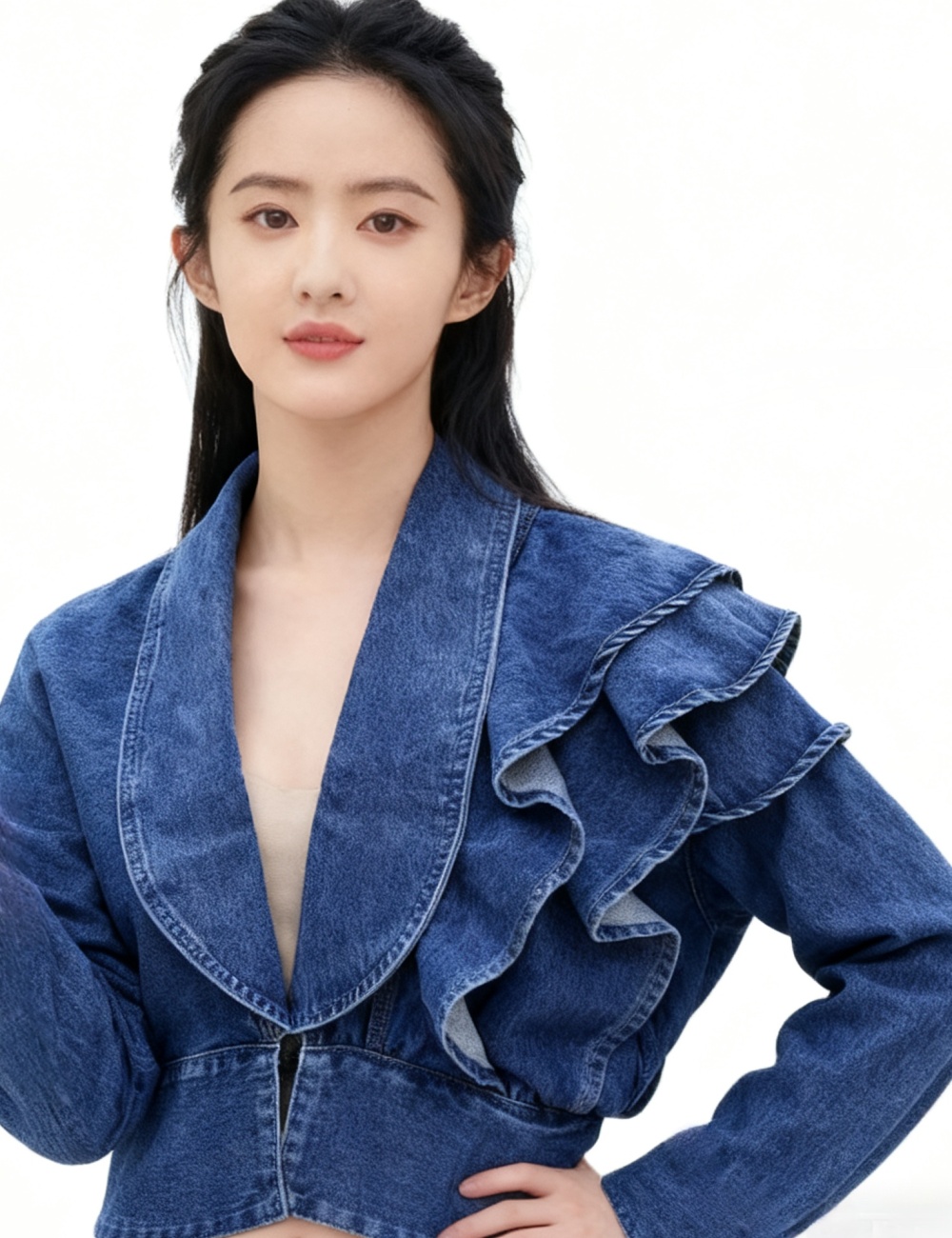 Denim Korean style V-neck tops slim grace fashion coat