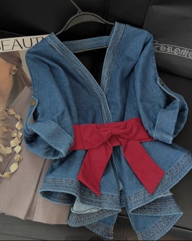 European style denim tops pinched waist halter shirt