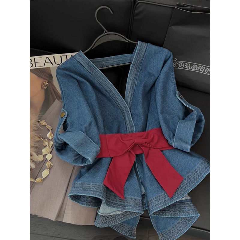 European style denim tops pinched waist halter shirt