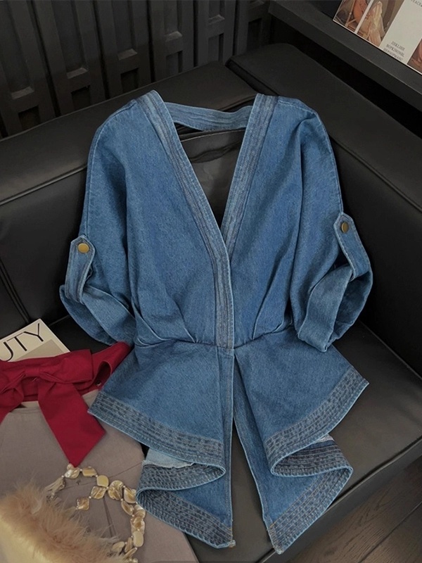 European style denim tops pinched waist halter shirt
