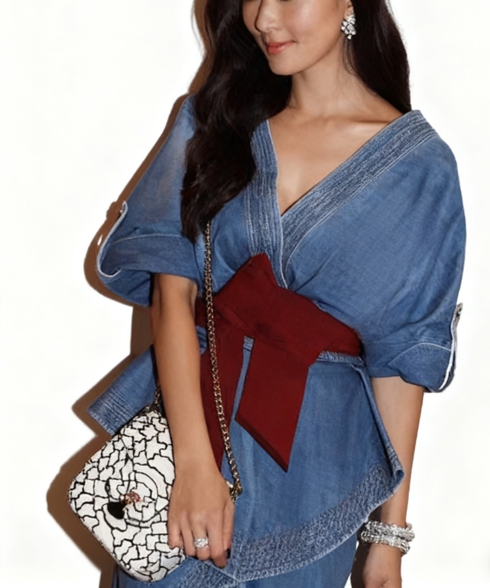 European style denim tops pinched waist halter shirt