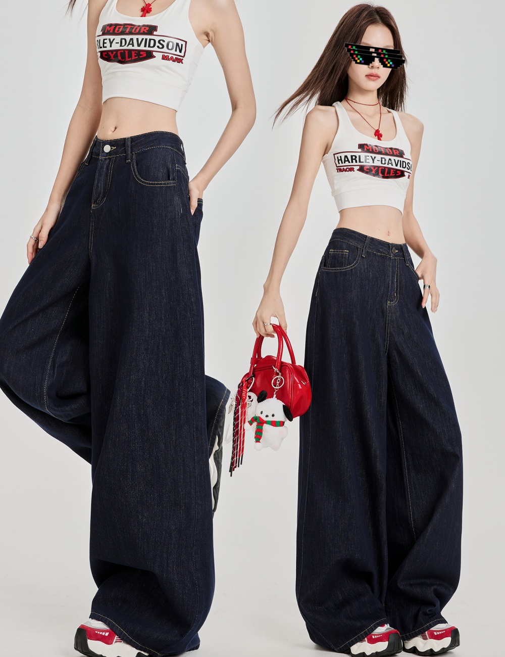 Retro loose wide leg pants high waist jeans for women