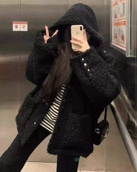 Winter lazy black plus cotton hooded coat for women