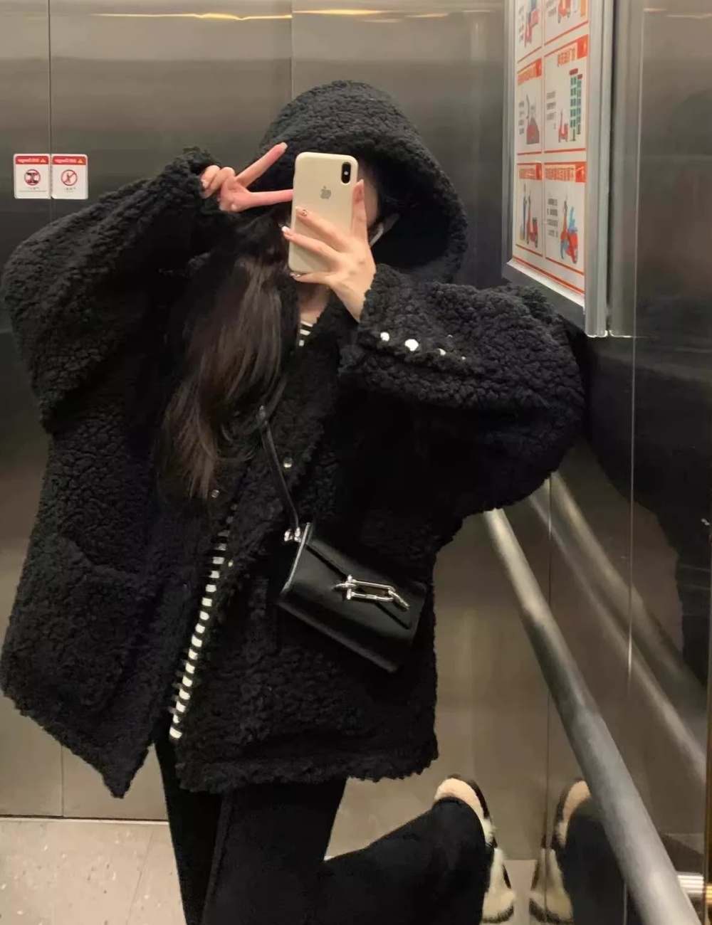 Winter lazy black plus cotton hooded coat for women