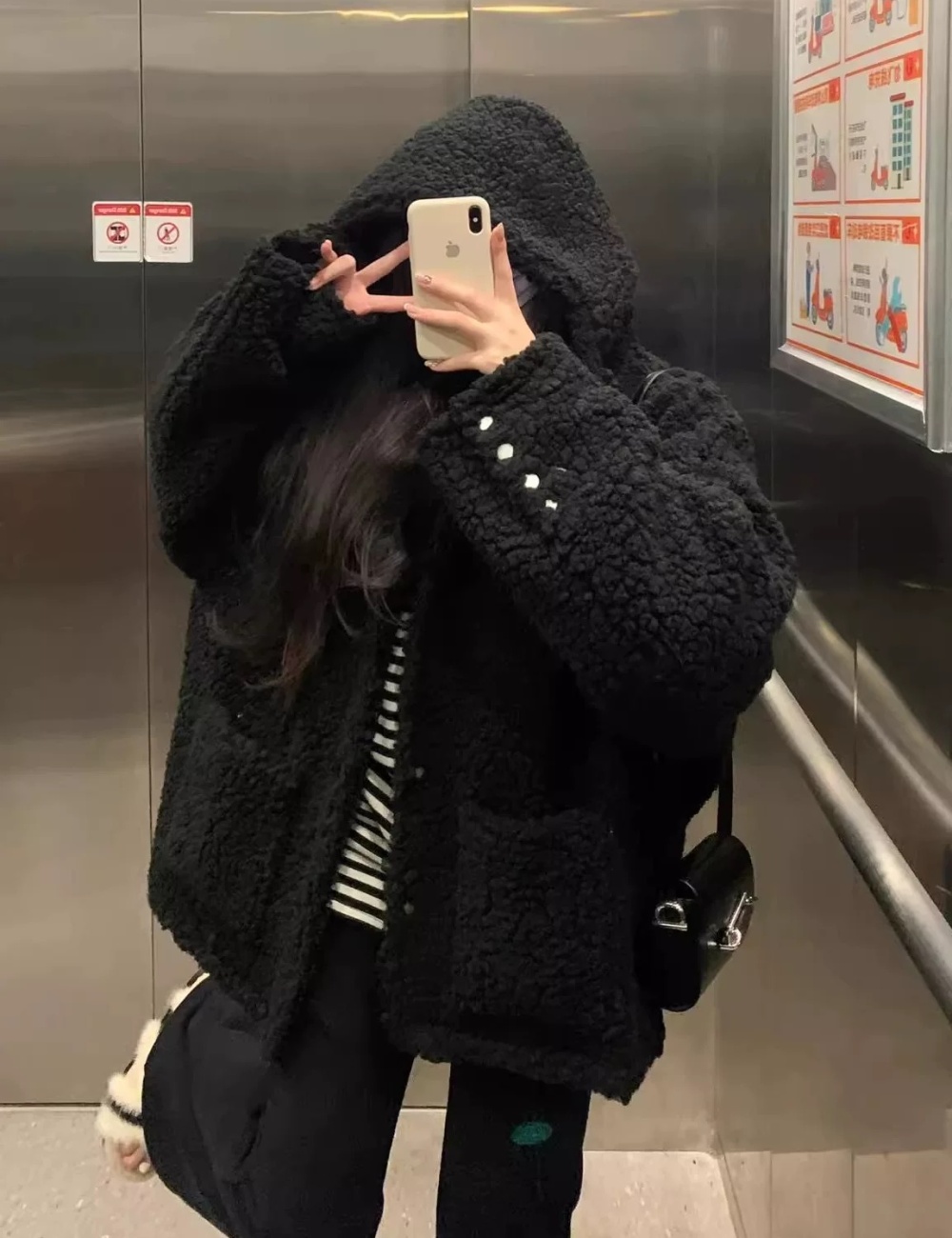 Winter lazy black plus cotton hooded coat for women